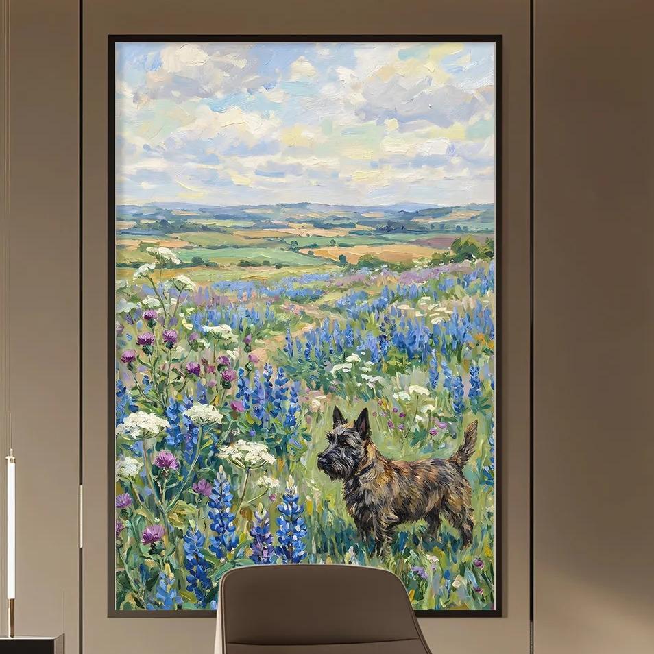 a modern office space with a large painting of a field of flowers hanging on the wall. The painting is the focal point of the room, which features a desk, chair, and shelving units. The overall design and decor create a serene and calming atmosphere.