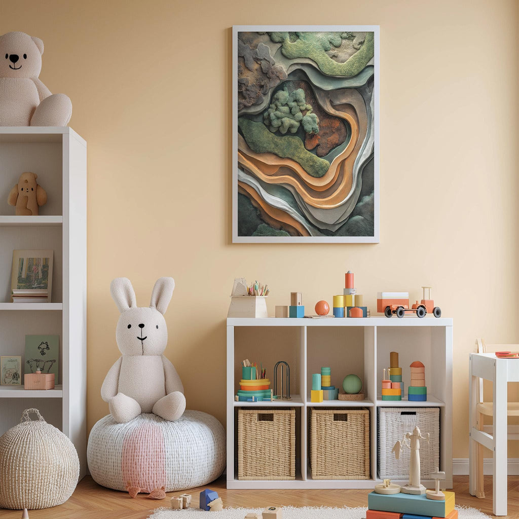 A cozy and colorful children's bedroom with a large abstract painting on the wall, a white bookshelf filled with toys, and a plush rabbit sitting on a bean bag chair.