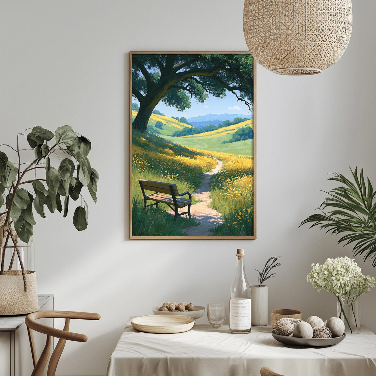 a serene outdoor scene with a bench under a tree, surrounded by a field of flowers and a winding path leading to a distant hill.