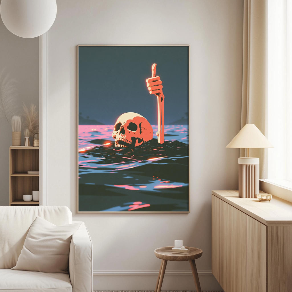 a large framed artwork depicting a skull submerged in water, with a hand giving a thumbs up gesture.