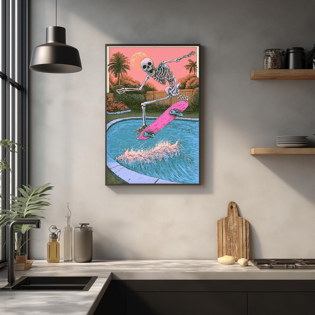 a skeleton riding a skateboard on a pool deck, with a pink skateboard and a pink sunset in the background.
