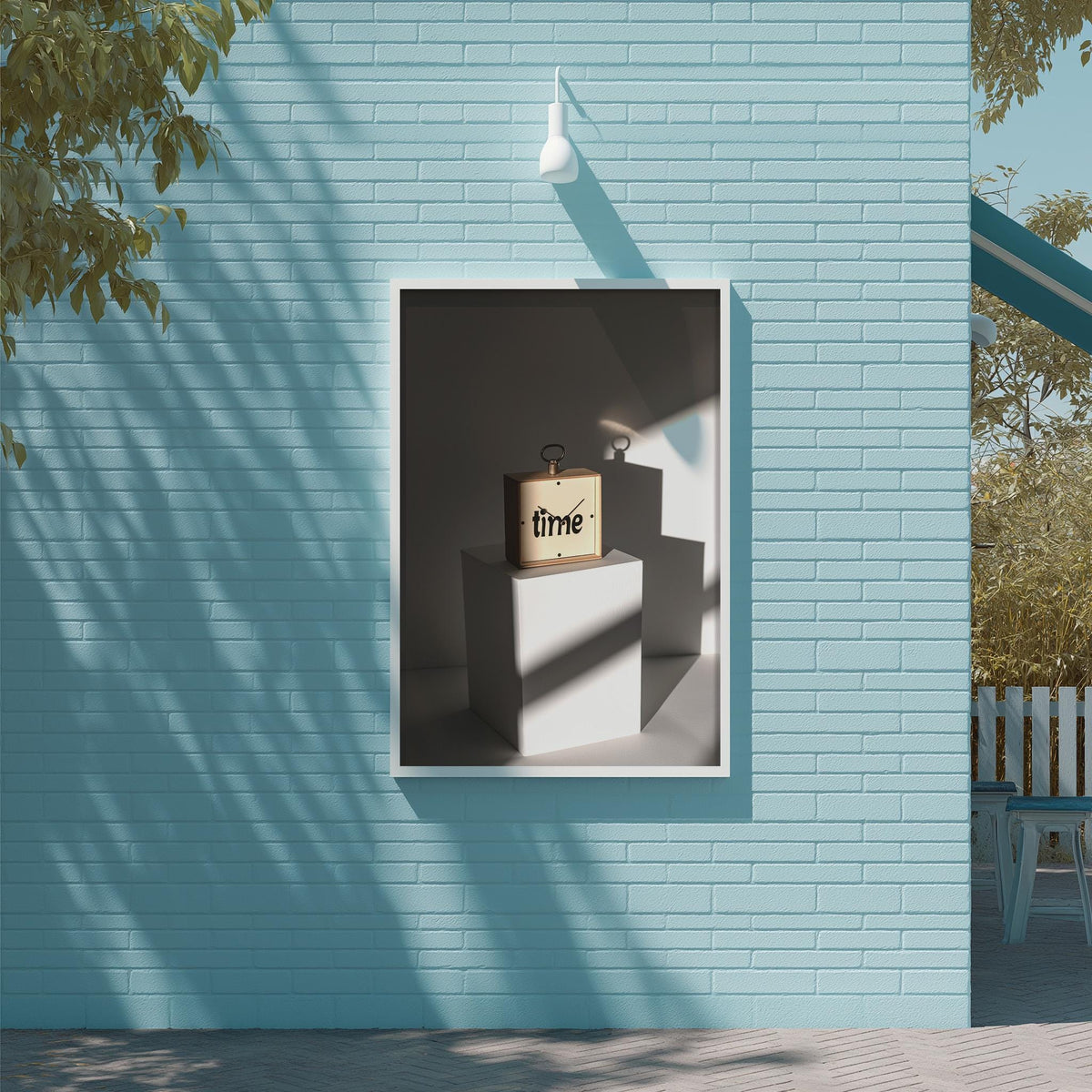 a blue brick wall with a white frame containing a small wooden box with the word "time" written on it.