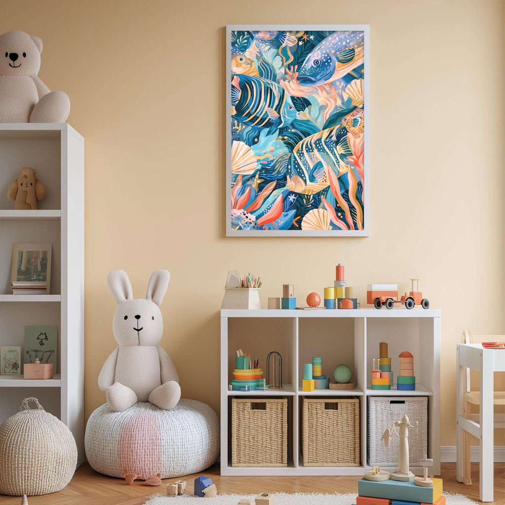 A child's bedroom with a white bookshelf, a stuffed rabbit, and a colorful abstract painting on the wall.