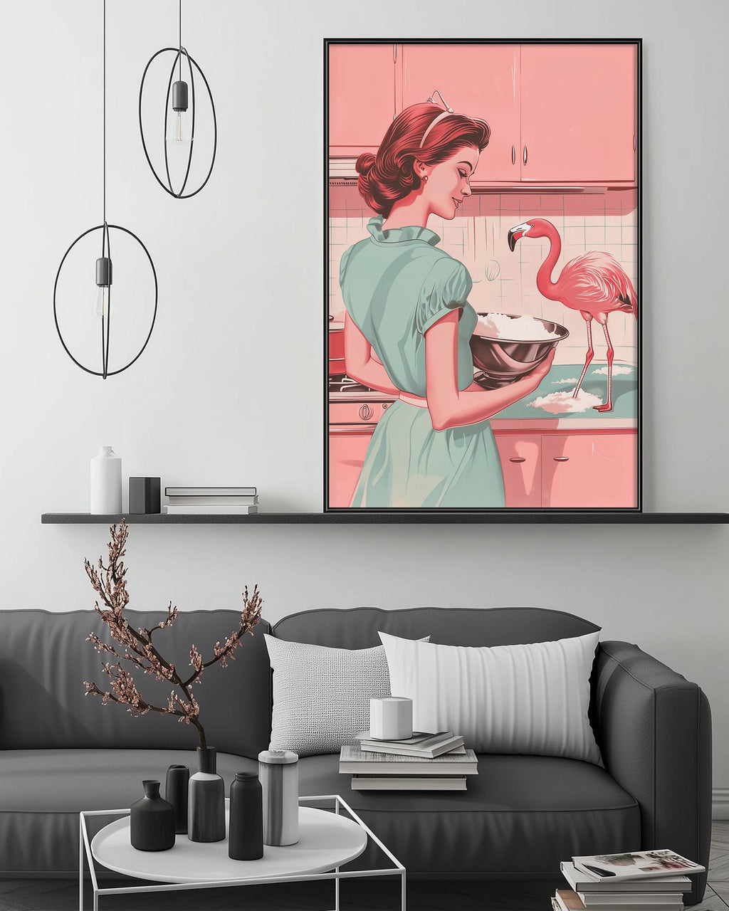 a woman in a green dress standing in a kitchen, holding a bowl and looking at a pink flamingo. The kitchen has pink cabinets and a pink countertop. The woman is surrounded by various kitchen items, such as a bowl, a cup, and a vase. The overall scene is set in a modern living room with a gray couch and a coffee table.