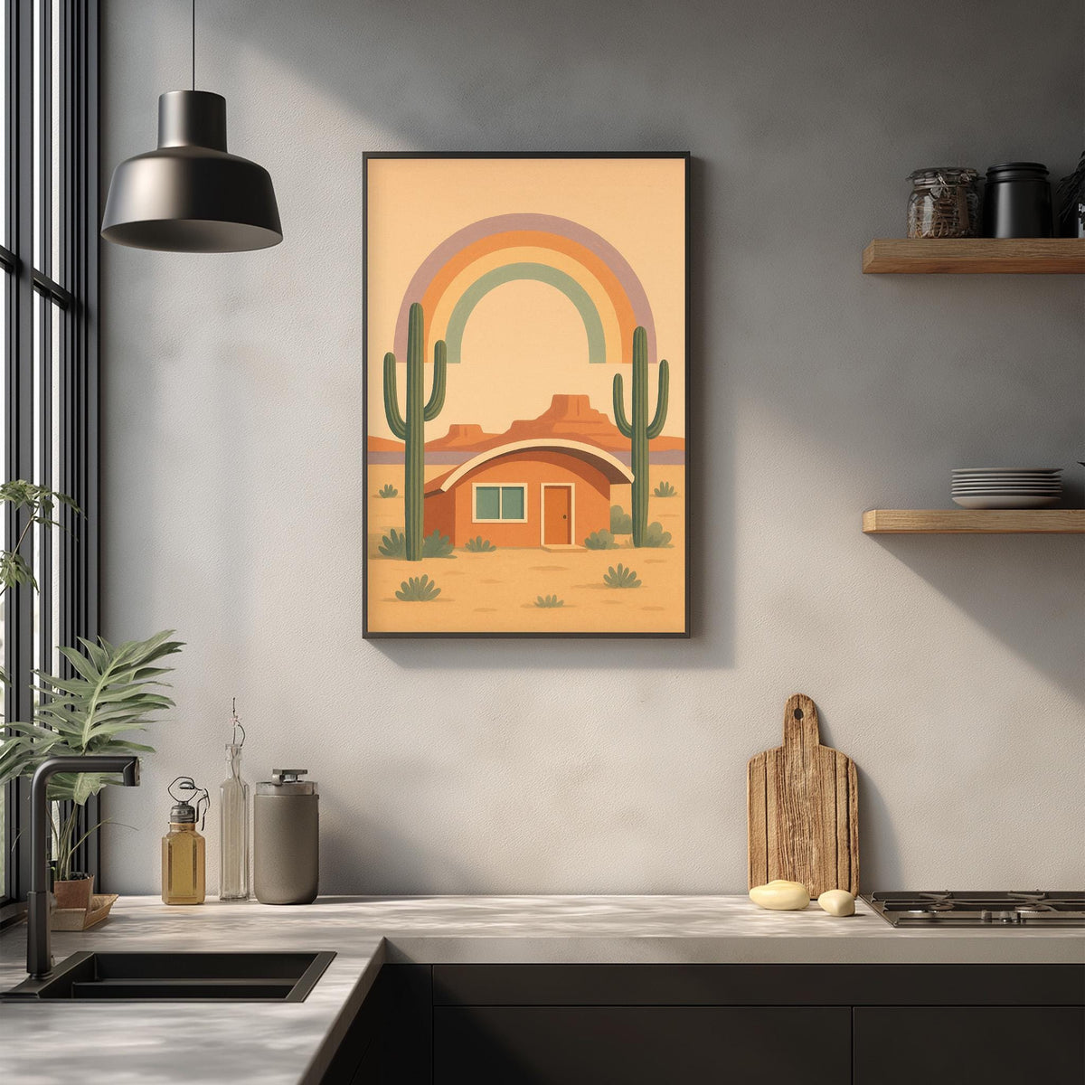 a kitchen counter with a framed illustration of a desert house with a rainbow arching over it, surrounded by cacti and other desert elements.