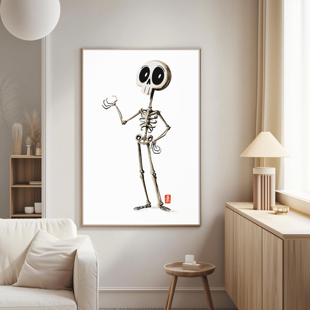a skeleton figure in a living room setting.