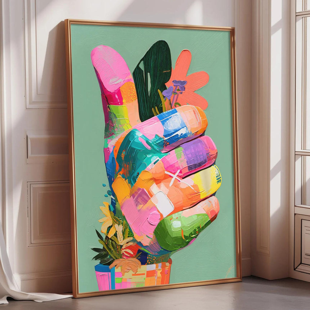 a vibrant, colorful painting of a hand with various flowers and plants adorning it, displayed on a wall in a room with a window.