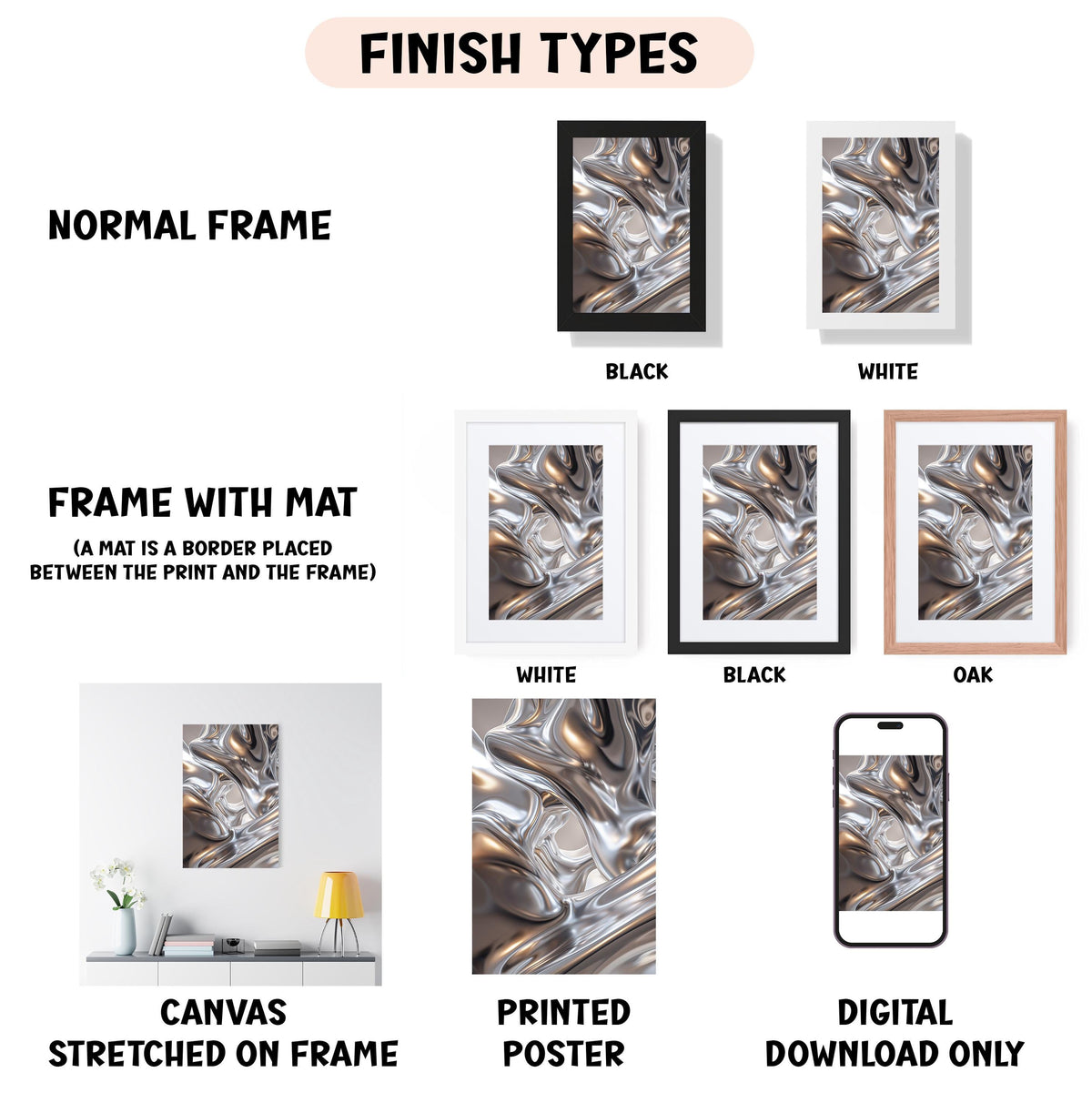 various finish types for artwork, including a normal frame, a frame with a mat, a white frame, a black frame, an oak frame, a white canvas stretched on a frame, a black canvas stretched on a frame, a white poster, and a digital download only.
