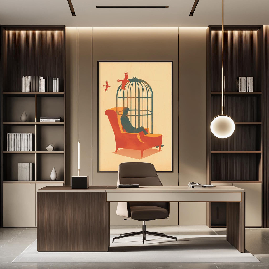 a modern office space with a large abstract painting of a birdcage and a person sitting in it, hanging on the wall above a desk with a chair.