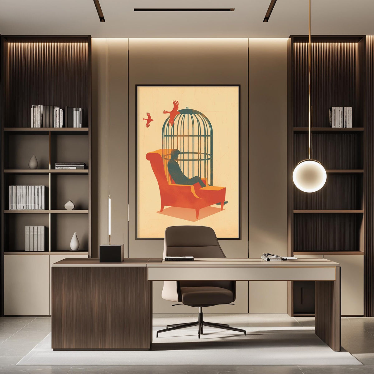 a modern office space with a large abstract painting of a birdcage and a person sitting in it, hanging on the wall above a desk with a chair.