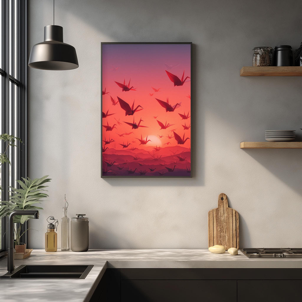 a kitchen counter with various items on it, including a cutting board, a soap dispenser, and a plant. Above the counter, there is a framed poster depicting a flock of birds flying against a sunset background.