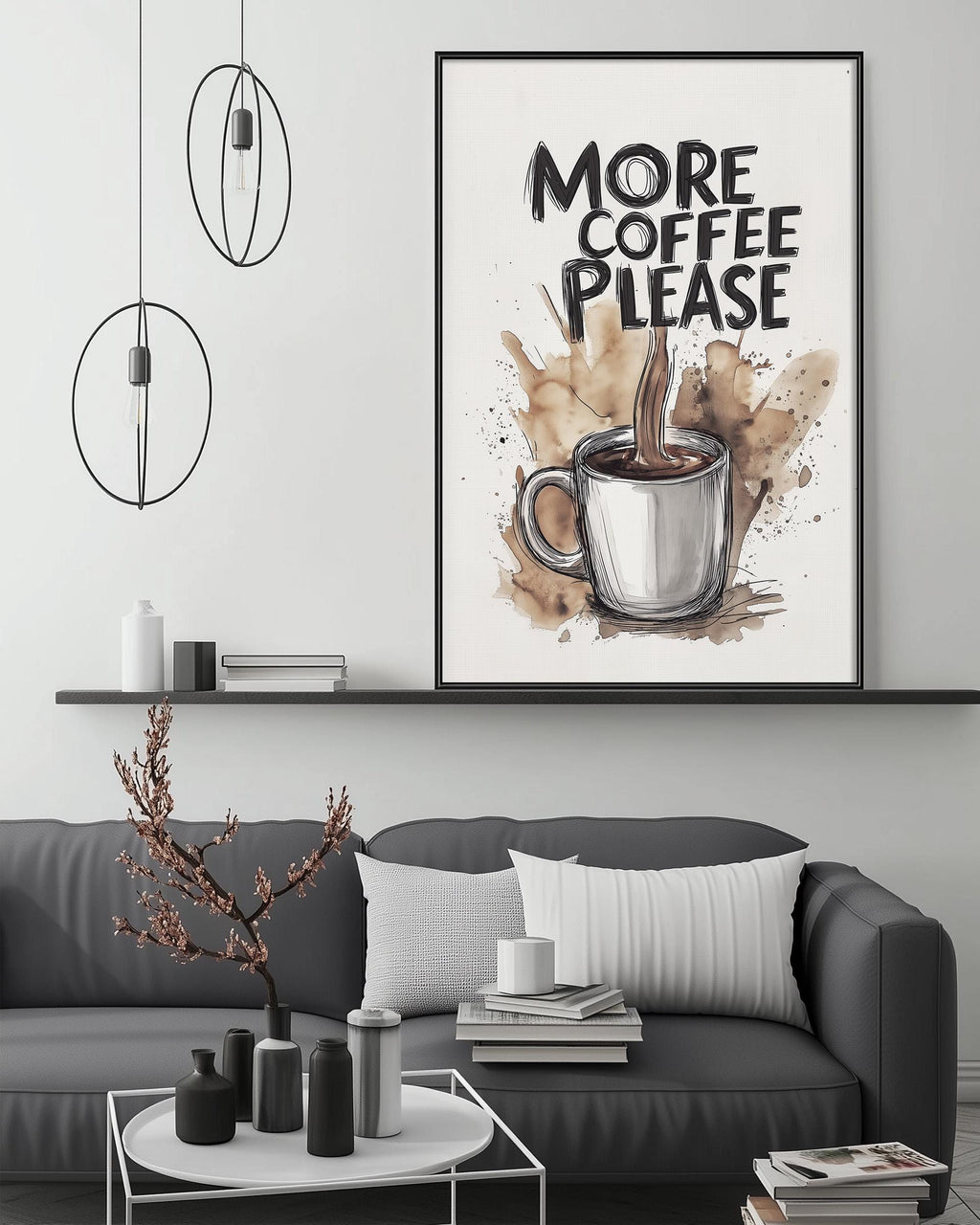a living room with a gray couch, a coffee table with decorative items, and a framed poster with a coffee cup and the text "MORE COFFEE PLEASE" above it.