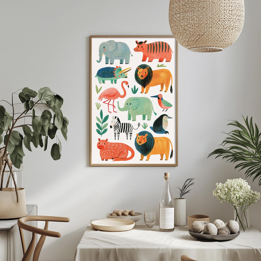a vibrant and colorful illustration of various animals, including elephants, lions, zebras, and birds, displayed on a wall above a dining table.