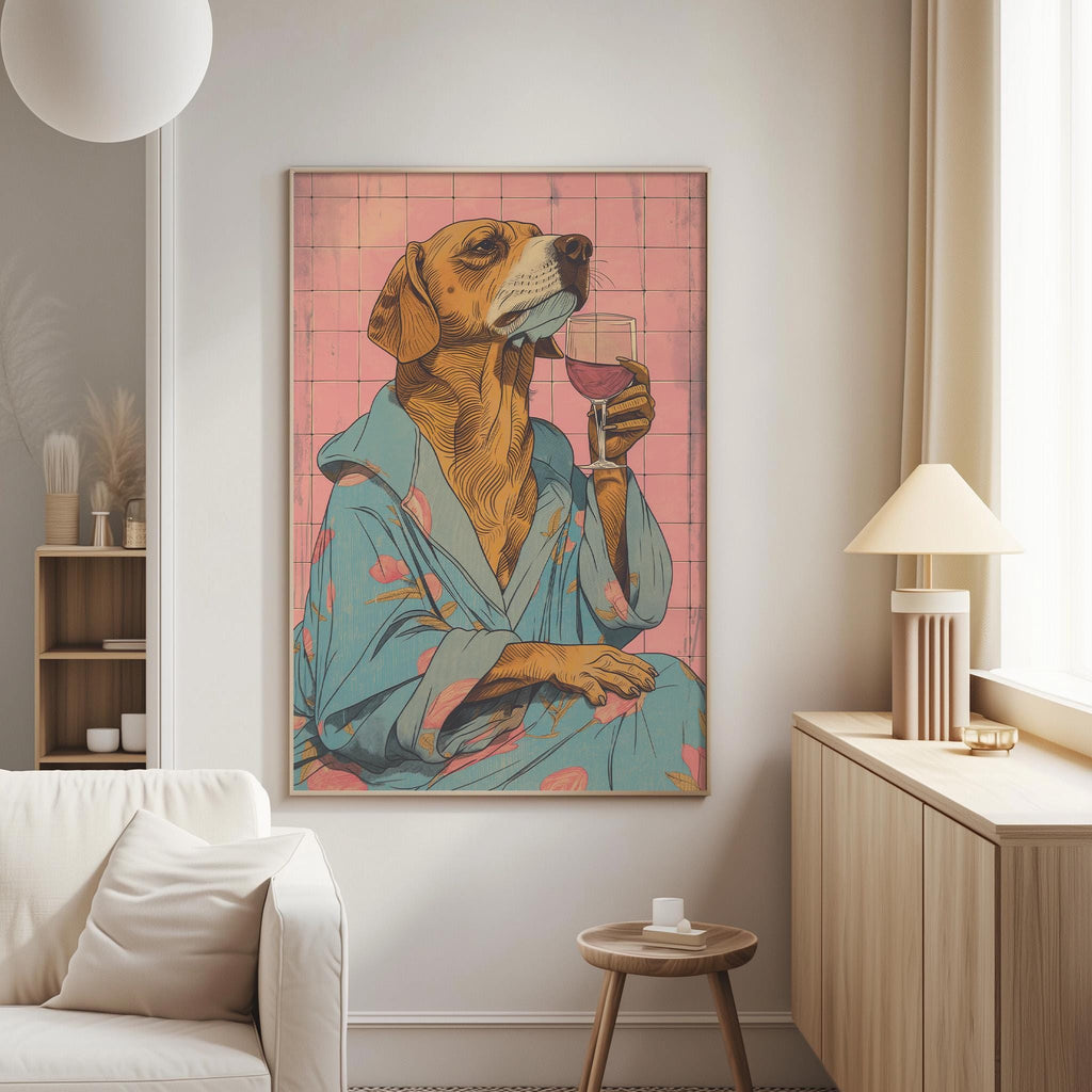 a large, colorful painting of a dog dressed in a robe and holding a glass of wine, hanging on a wall in a living room.