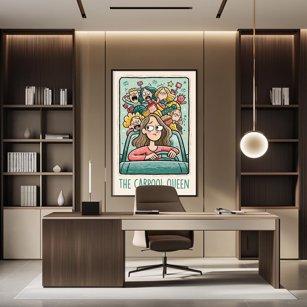 a modern office space with a large framed poster of a cartoon woman on the wall, a desk with a chair, and a bookshelf filled with books.