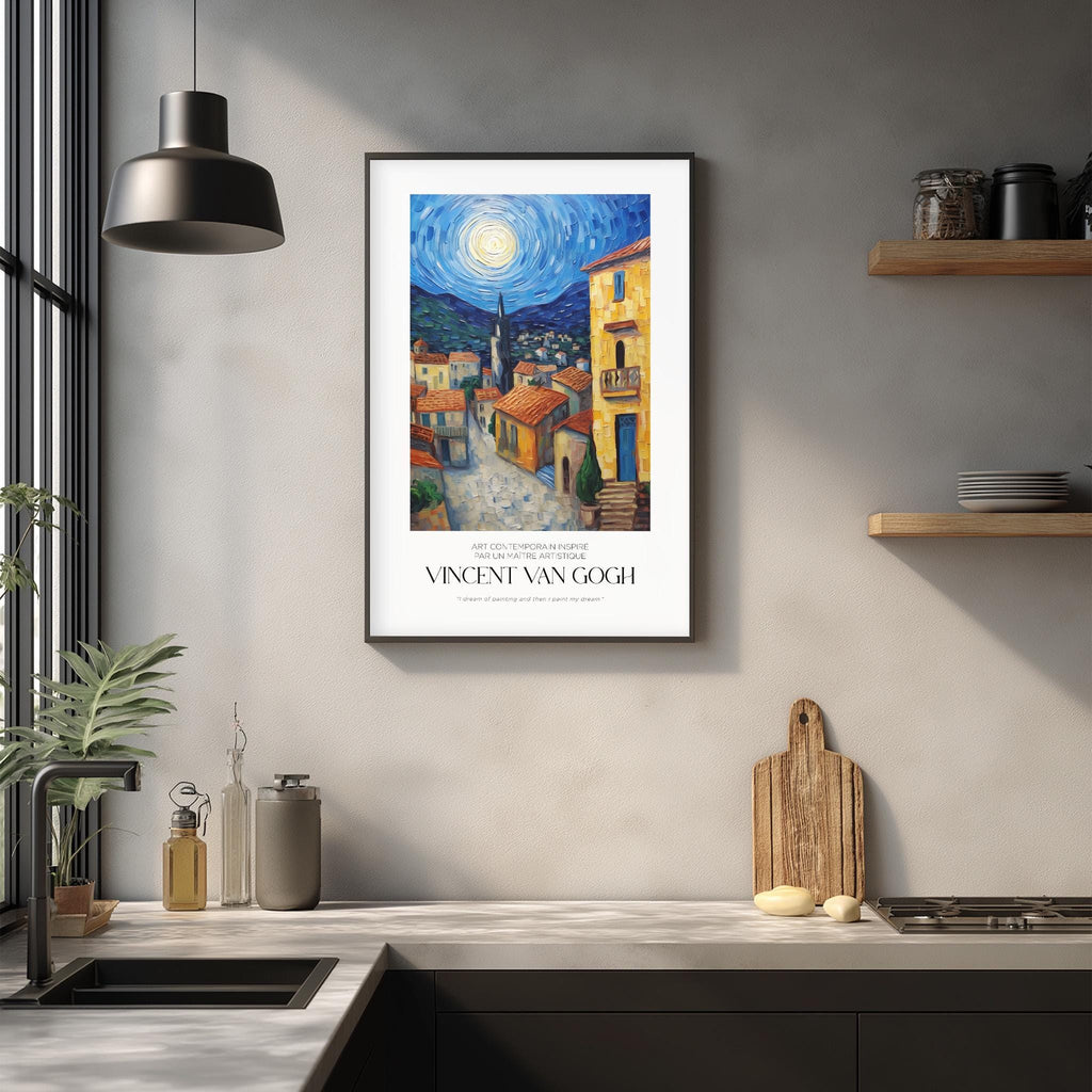 a framed painting of a colorful street scene with buildings, a clock tower, and a bright moon in the sky, hanging on a wall above a kitchen counter with various kitchen items and decor.
