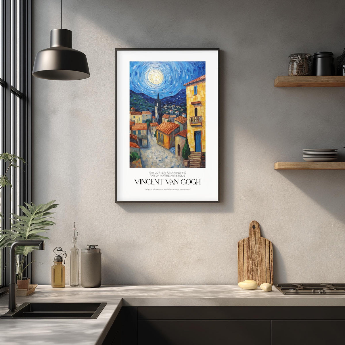 a framed painting of a colorful street scene with buildings, a clock tower, and a bright moon in the sky, hanging on a wall above a kitchen counter with various kitchen items and decor.