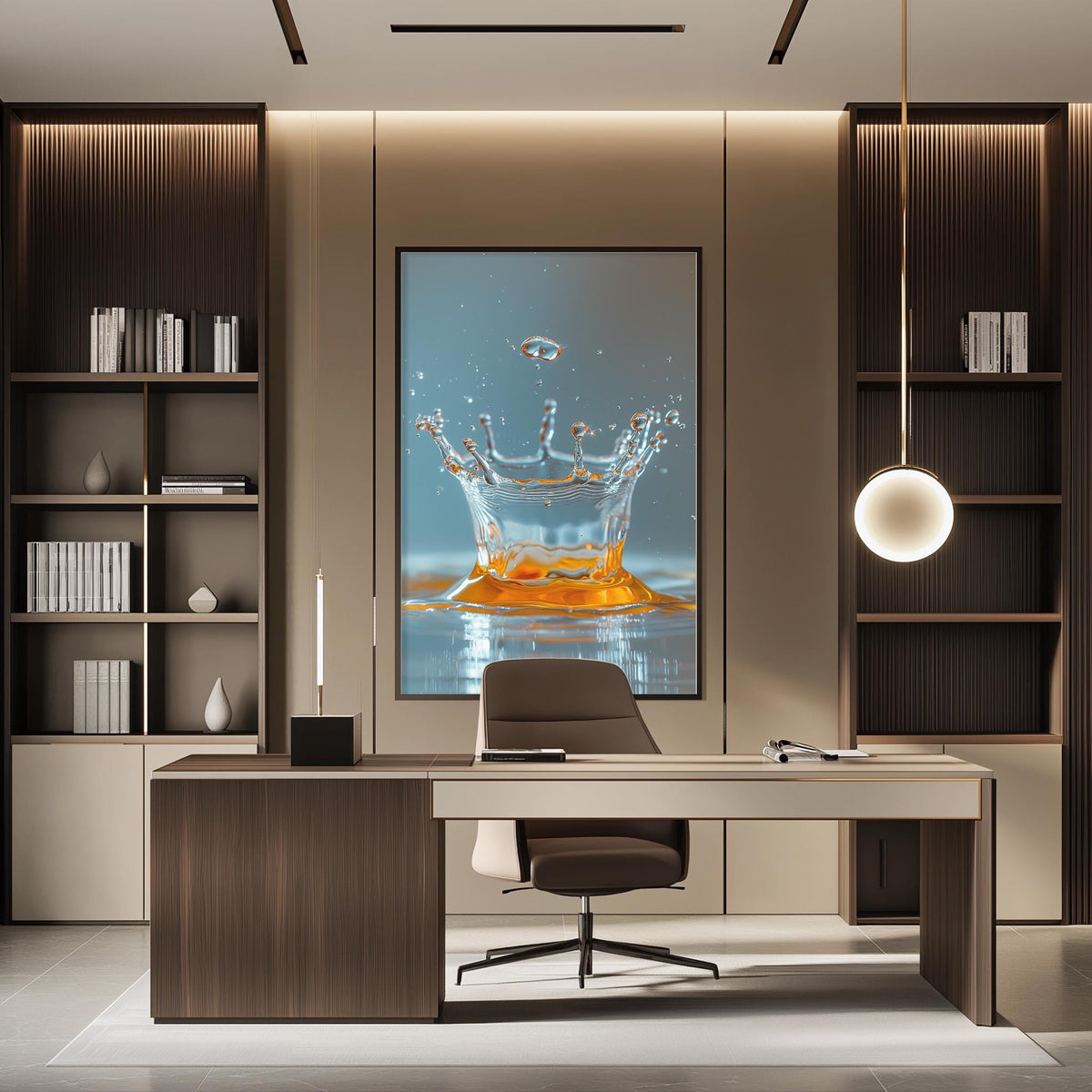 a modern office space with a large splash of orange liquid on the wall, creating a dynamic and visually striking focal point. The office features a wooden desk, a comfortable chair, and a bookshelf filled with books, creating a professional and organized atmosphere.