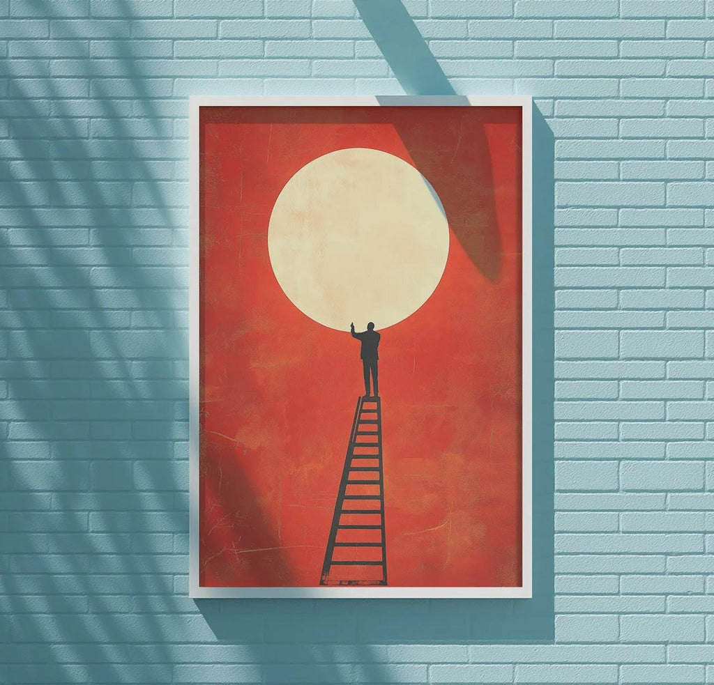 a large, framed painting of a man standing on a ladder, reaching up towards a large, red circle in the sky. The painting is mounted on a blue wall, and there is a white light fixture above it.