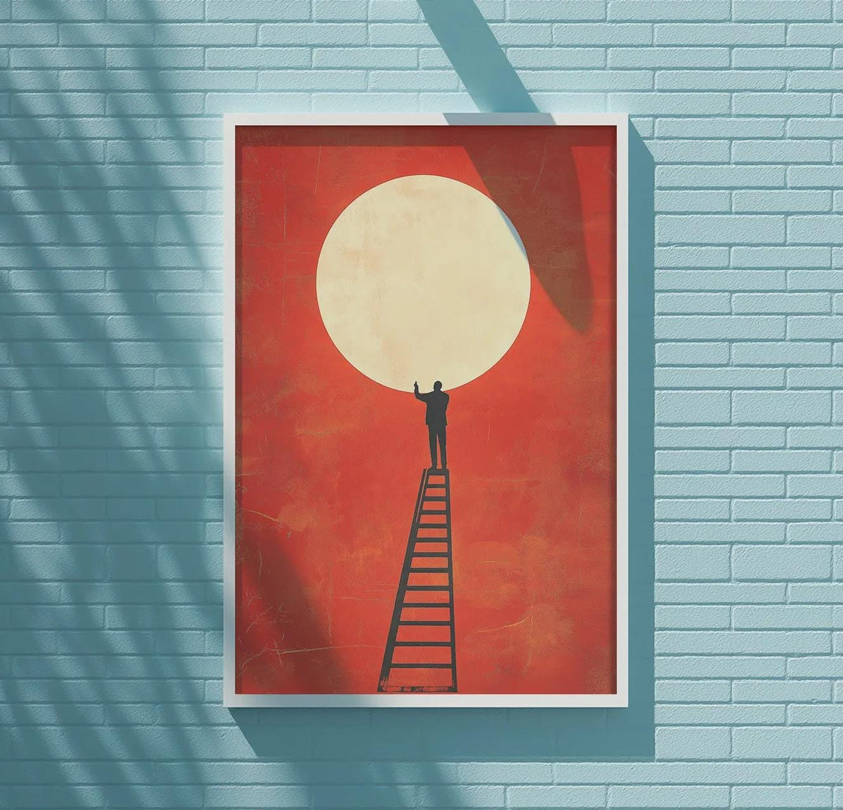 a large, framed painting of a man standing on a ladder, reaching up towards a large, red circle in the sky. The painting is mounted on a blue wall, and there is a white light fixture above it.