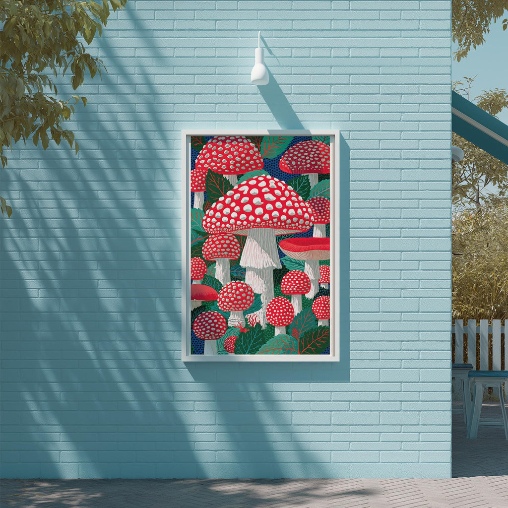 a vibrant and colorful painting of mushrooms hanging on a blue wall.