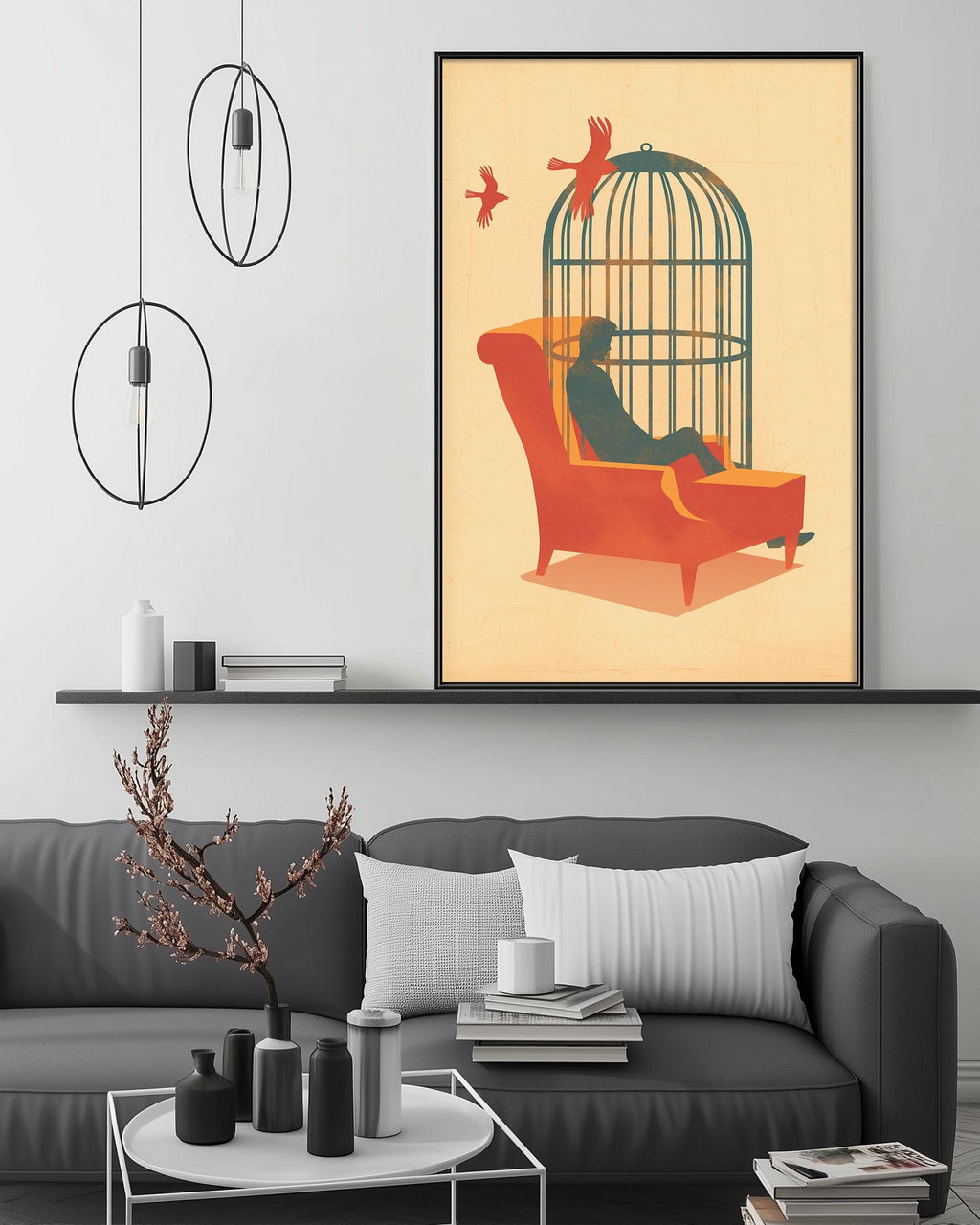 a modern living room with a gray sofa, a coffee table, and a large framed illustration of a person sitting in a red armchair with a bird perched on their shoulder.