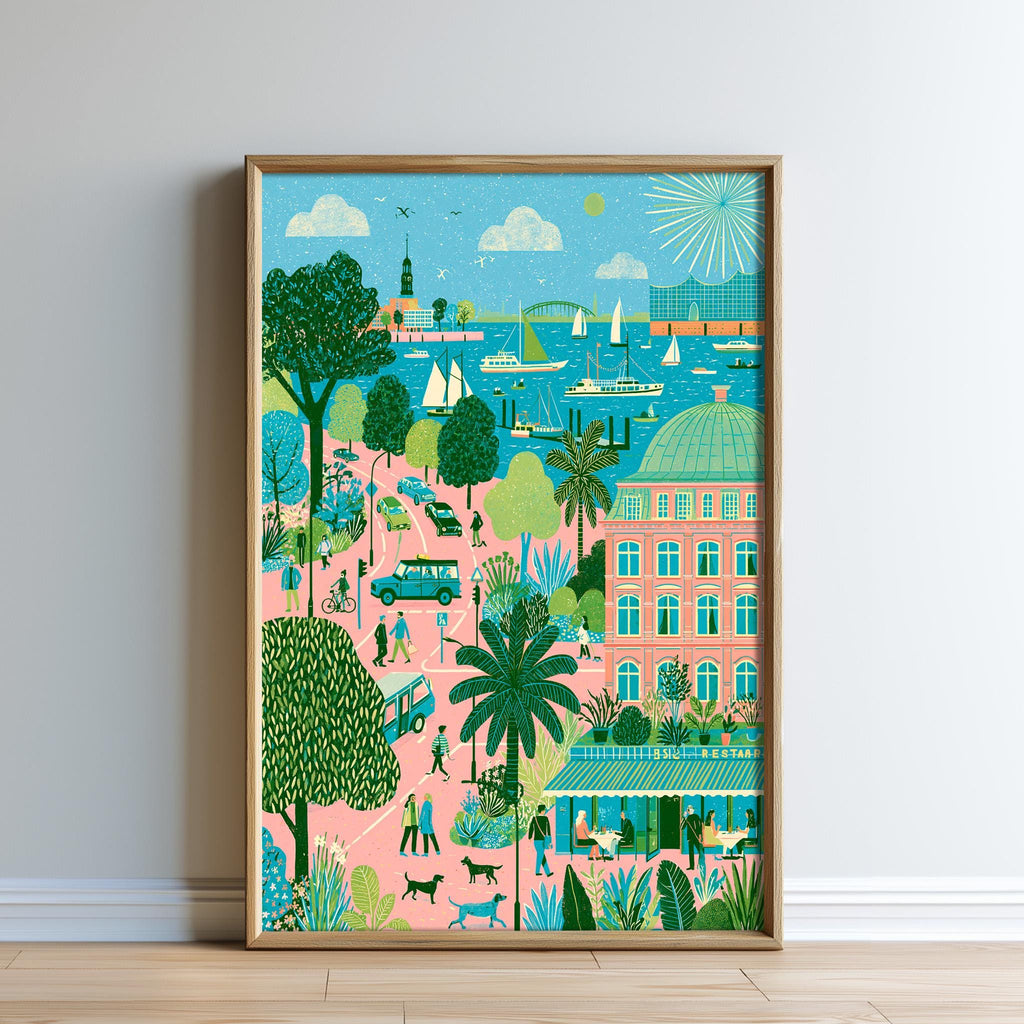 The image is a vibrant and colorful illustration depicting a lively city scene with various elements such as buildings, trees, people, cars, and boats.