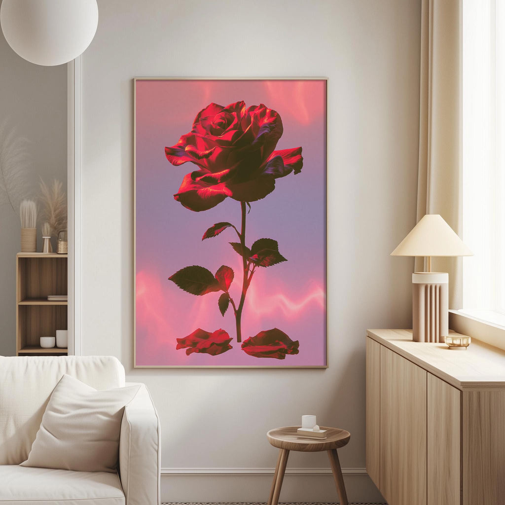 a large, vibrant red rose in a frame, hanging on a wall in a living room setting.