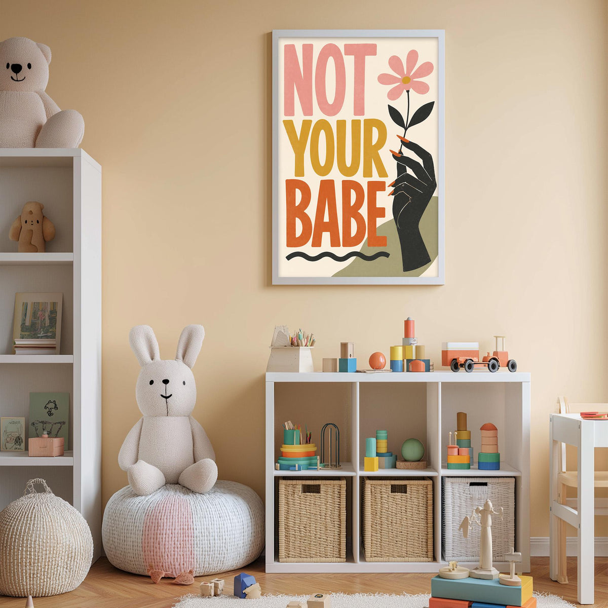 The image is a child's bedroom with a white bookshelf, a stuffed rabbit, and a colorful poster on the wall.
