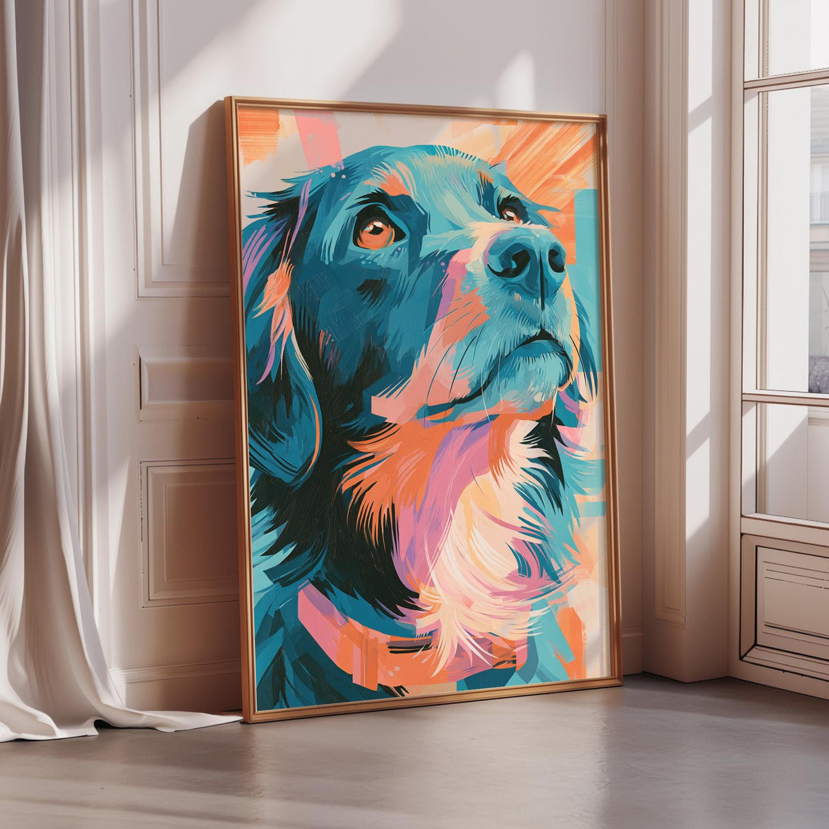 A large, colorful painting of a dog's face is displayed on a wall in a room with a window.
