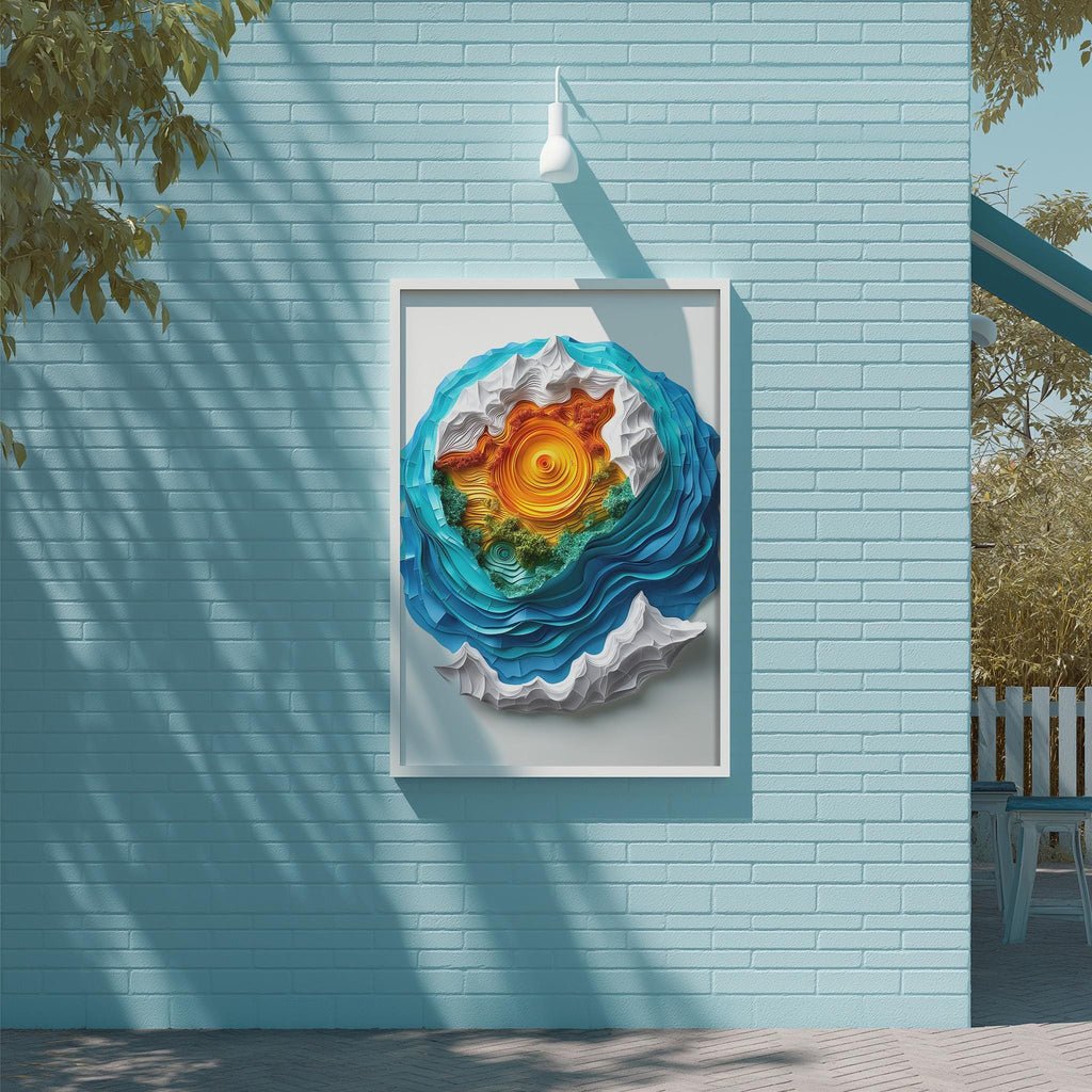 a vibrant, colorful painting of a sun and ocean scene, displayed on a blue brick wall.