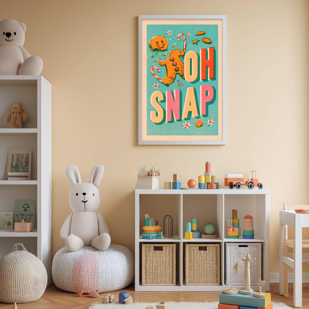 A child's bedroom with a large stuffed rabbit, a colorful poster, and various toys and storage bins.