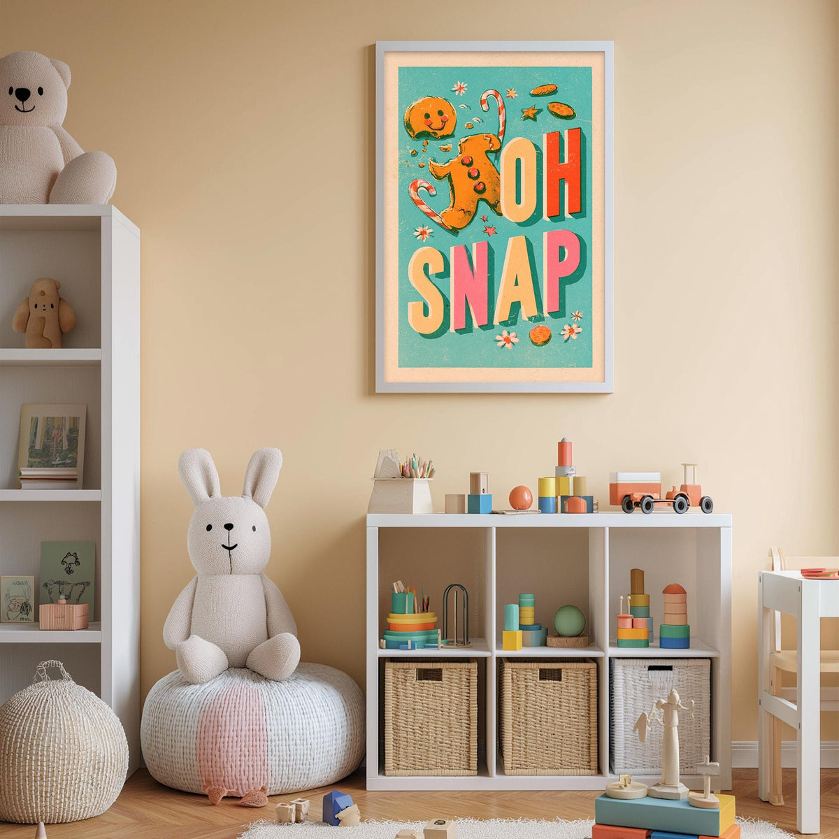 A child's bedroom with a large stuffed rabbit, a colorful poster, and various toys and storage bins.