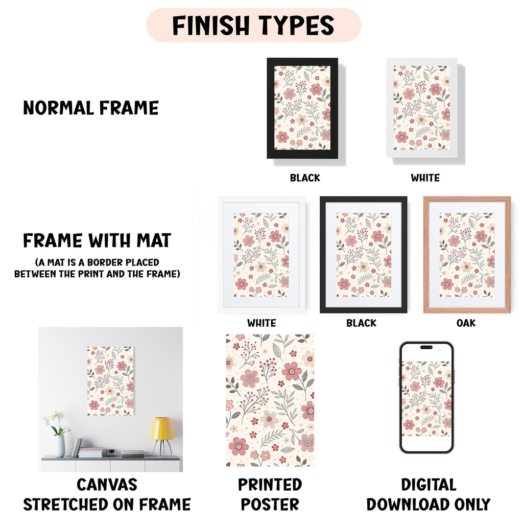 various finish types for framed artwork, including a normal frame, a frame with a mat, a white frame, a black frame, an oak frame, a white canvas stretched on a frame, a printed poster, and a digital download only.