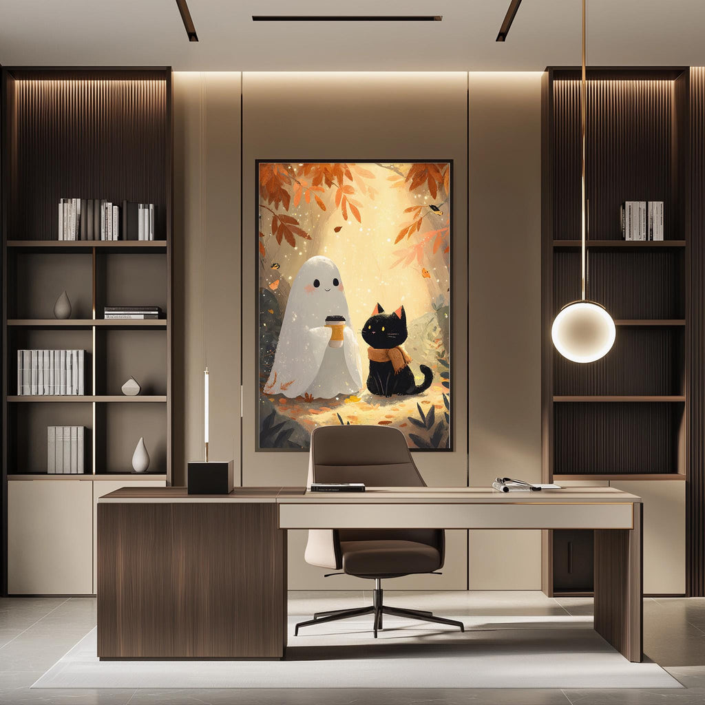 a modern office space with a large framed artwork of a ghost and a cat on the wall. The office features a desk, chair, and bookshelves, creating a professional and stylish atmosphere.