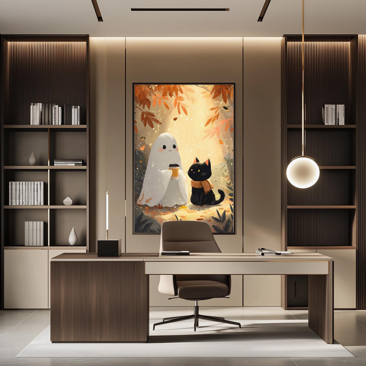 a modern office space with a large framed artwork of a ghost and a cat on the wall. The office features a desk, chair, and bookshelves, creating a professional and stylish atmosphere.