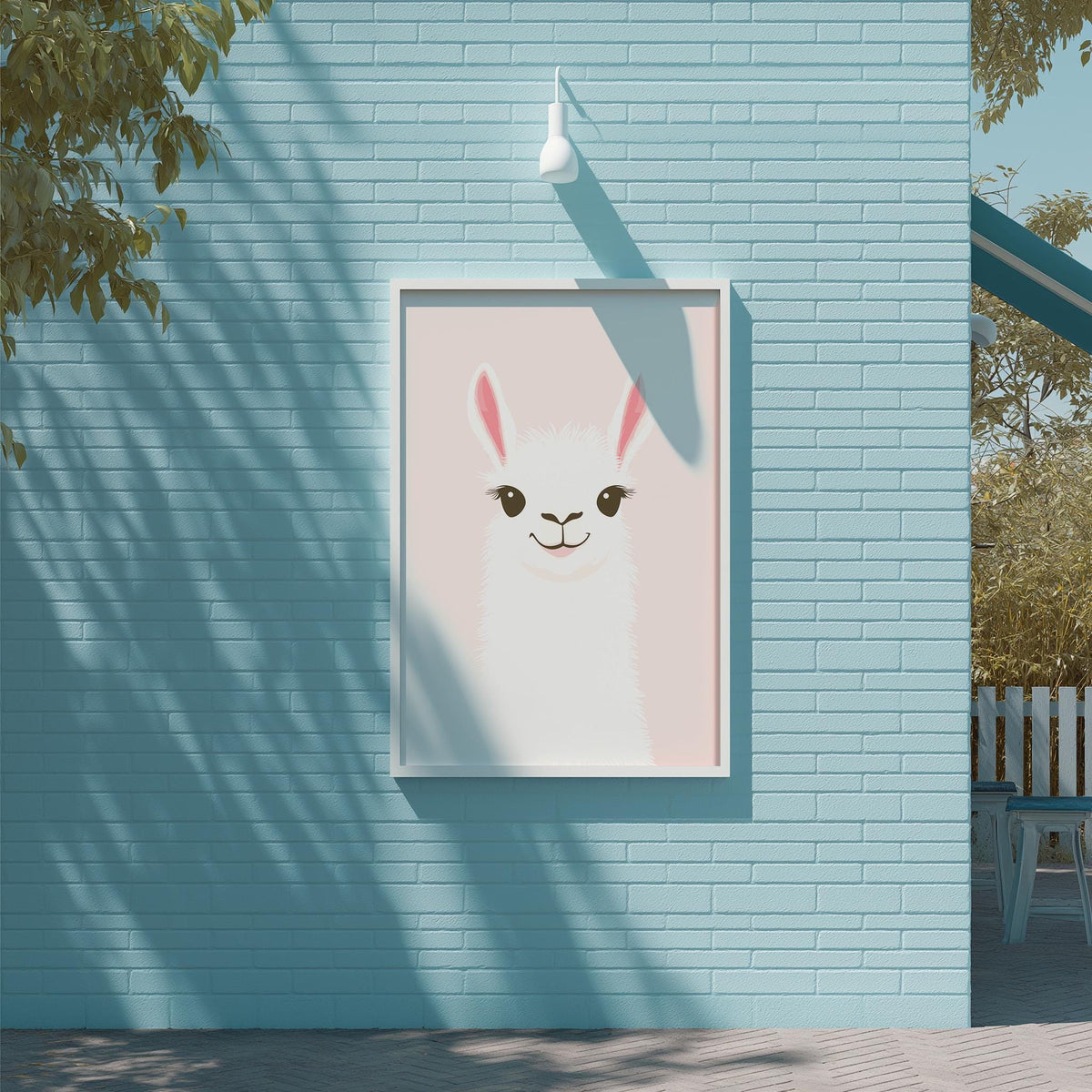 A framed illustration of a white llama with pink ears is displayed on a light blue brick wall.