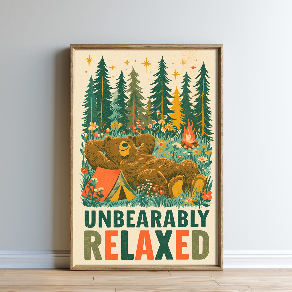 The image is a framed poster with a bear resting in a forest setting, surrounded by pine trees, flowers, and a campfire.