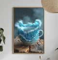 a framed photograph of a blue teacup with a ruffled lid, placed on a wooden surface, surrounded by various decorative elements such as plants, vases, and bowls.