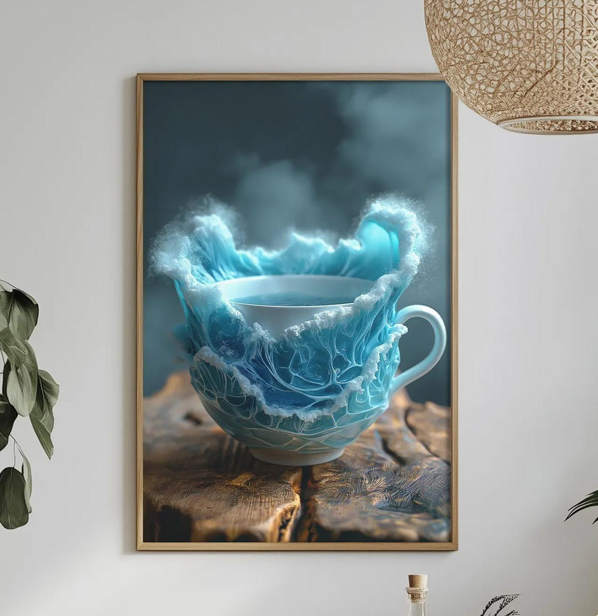 a framed photograph of a blue teacup with a ruffled lid, placed on a wooden surface, surrounded by various decorative elements such as plants, vases, and bowls.