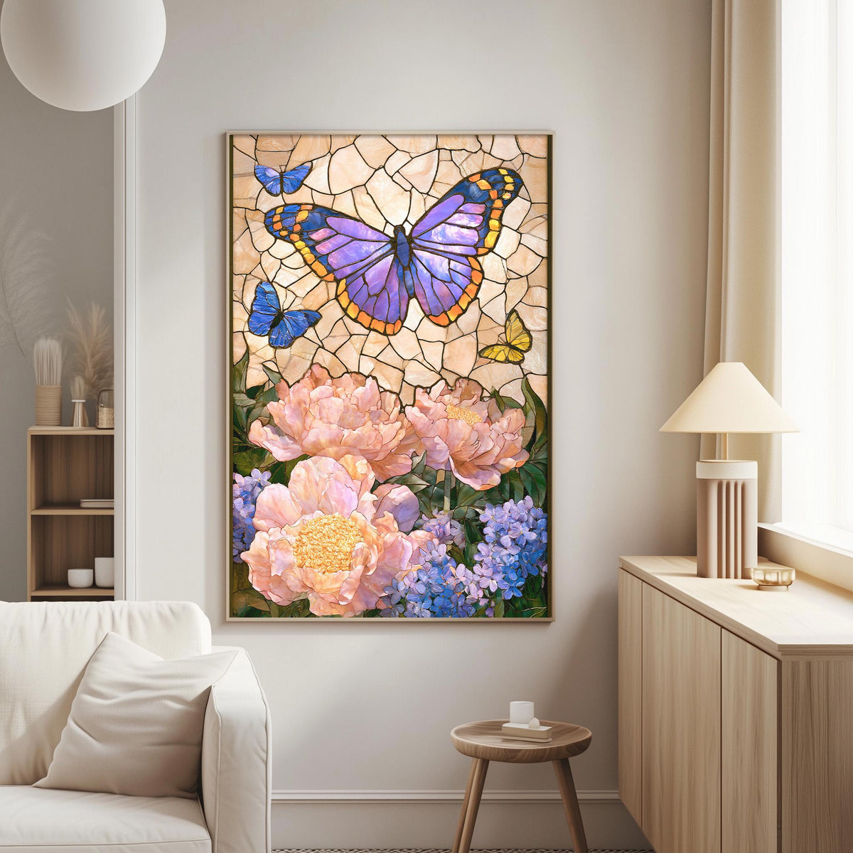 a large, colorful painting of a butterfly surrounded by flowers, including pink peonies and blue lavender flowers, hanging on a wall in a living room.