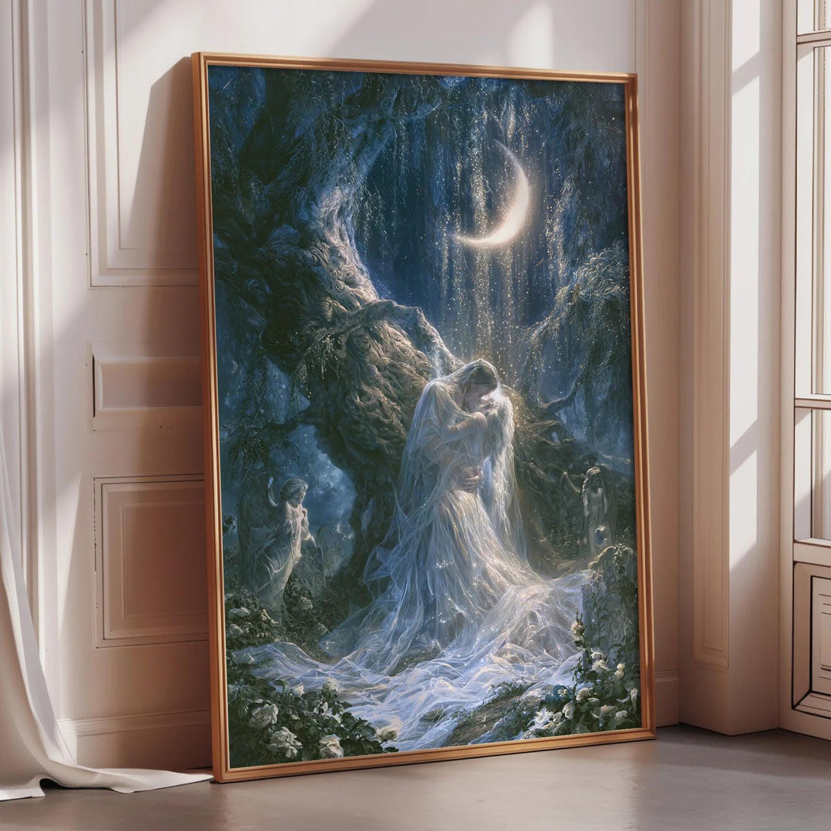 The image is a large painting depicting a fantastical scene with a crescent moon, a waterfall, and a couple embracing in a lush, forested setting.
