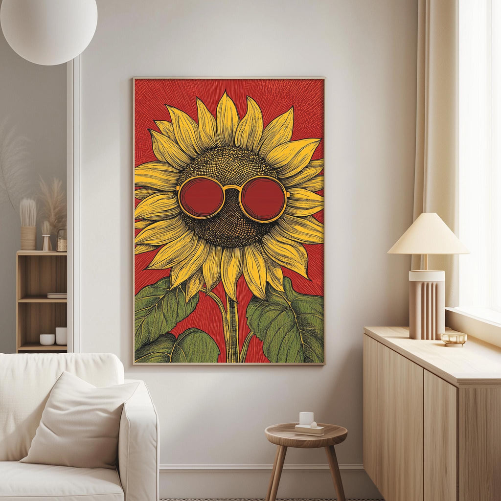 a large, vibrant painting of a sunflower with red sunglasses on it, hanging on a wall in a living room.