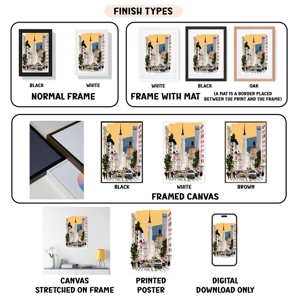 various types of framed artwork, including canvas prints, framed canvases, and digital download options, each with different finishes and mat colors.