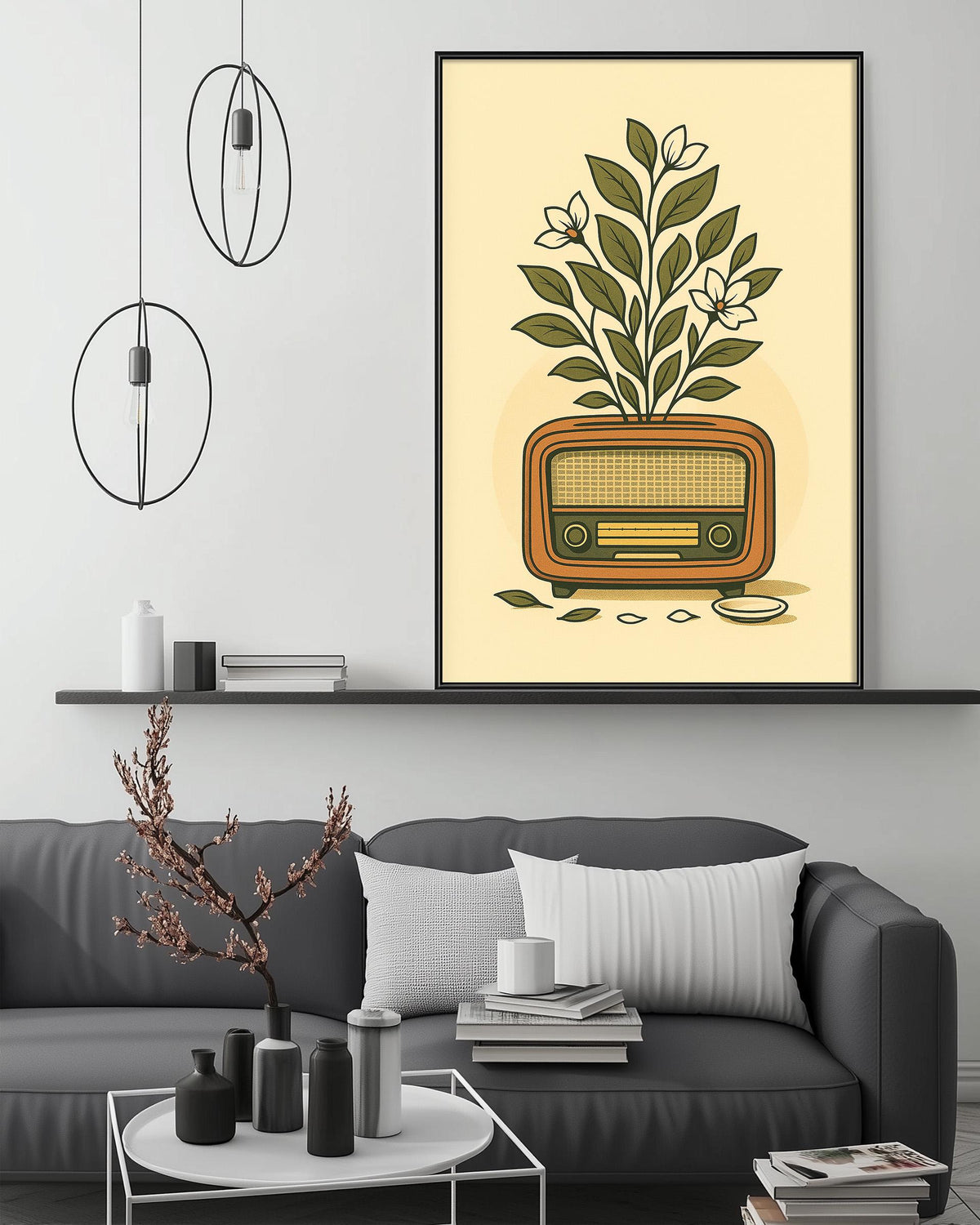a cozy living room with a gray sofa, a coffee table, and a framed illustration of a radio plant on the wall.