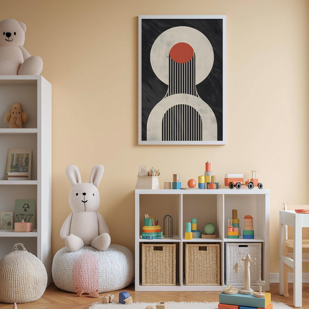 A cozy and colorful children's playroom with a large abstract art piece on the wall, a bookshelf filled with toys, and a bean bag chair.