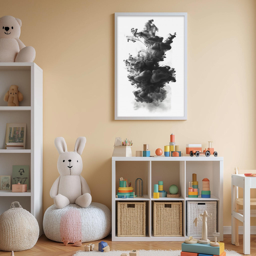 A cozy children's room with a white bookshelf, a plush rabbit, and a colorful toy box filled with toys. A framed abstract art piece hangs on the wall above the toy box, and a stuffed animal is sitting on a bean bag chair.