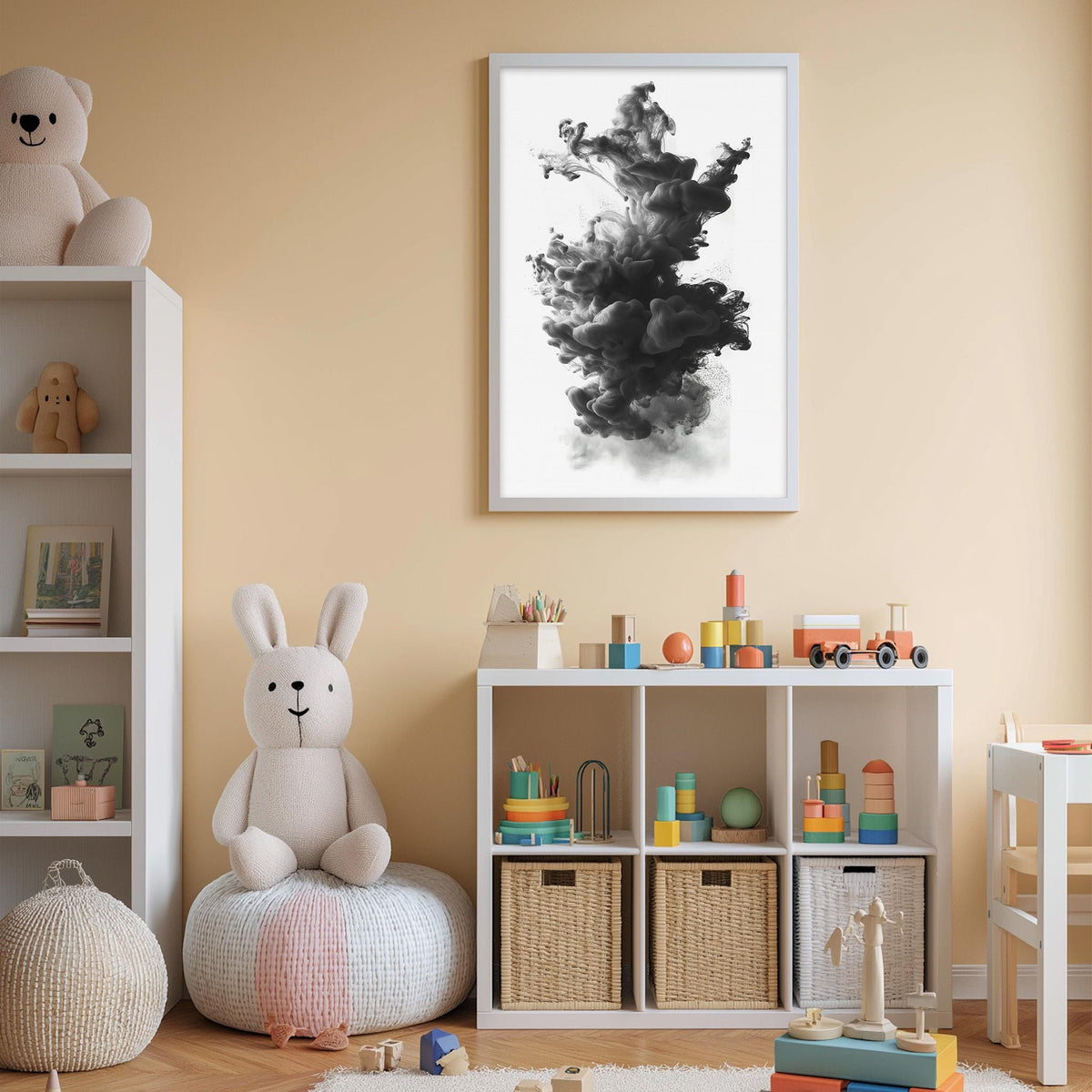 A cozy children's room with a white bookshelf, a plush rabbit, and a colorful toy box filled with toys. A framed abstract art piece hangs on the wall above the toy box, and a stuffed animal is sitting on a bean bag chair.