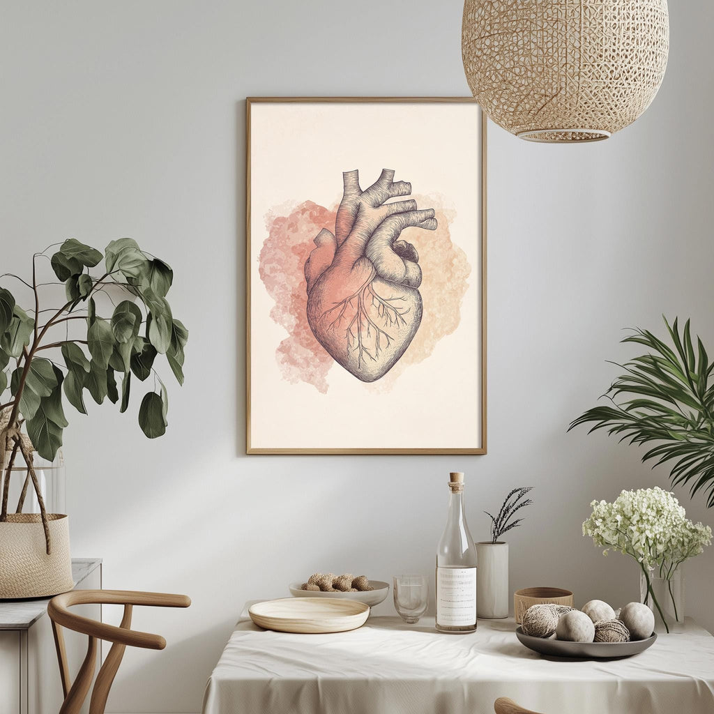 a dining table with a bowl of fruit, a bottle, and a vase of flowers, along with a framed illustration of a human heart hanging on the wall.