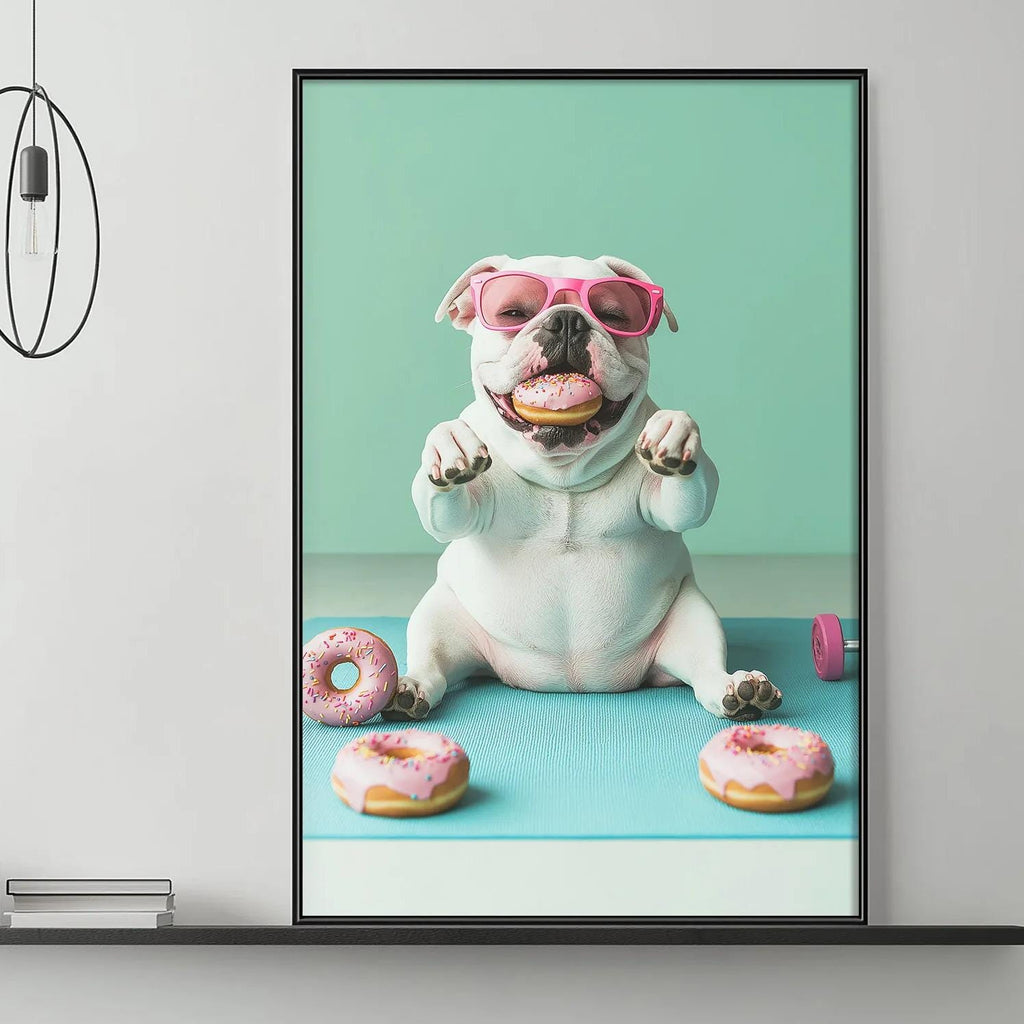 A framed image of a dog sitting on a blue surface, wearing sunglasses and surrounded by pink donuts, is displayed on the wall above a gray couch in a modern living room setting.